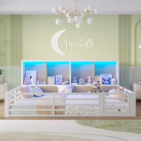 Lit daybed moderne 140x200 cm en métal et MDF blanc avec barrières de sécurité, rangements latéraux et LED (1/5)
