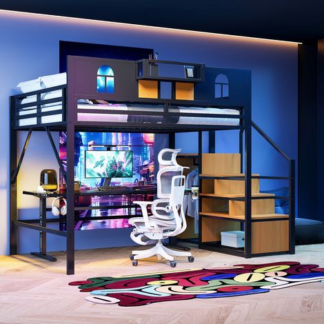 Lit mezzanine métal 140 x 200cm noir, échelle rangement + fenêtres + panneaux bois treillage, clôture surélevée solide