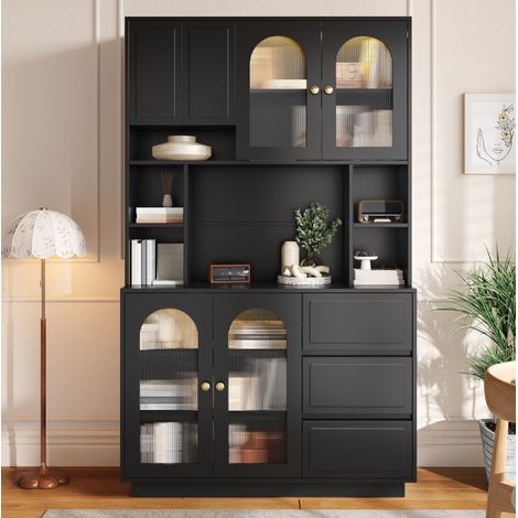 Hoher Buffetschrank mit gewölbten Acrylüren, APP-LED, Schwarz HAVRYA (1/5)