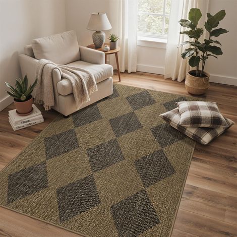 Tapis Intérieur Extérieur Effet Jute 120 x 170 cm, en Polyester, Lavable, Antidérapant et Facile d’Entretien, pour Salon, Balcon et Terrasse, Motif Losanges (1/5)