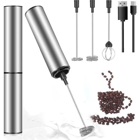 Montalatte elettrico - Mini frullatore - Macchina per bevande - Ricaricabile tramite USB - Acciaio inossidabile - Argento (1/5)