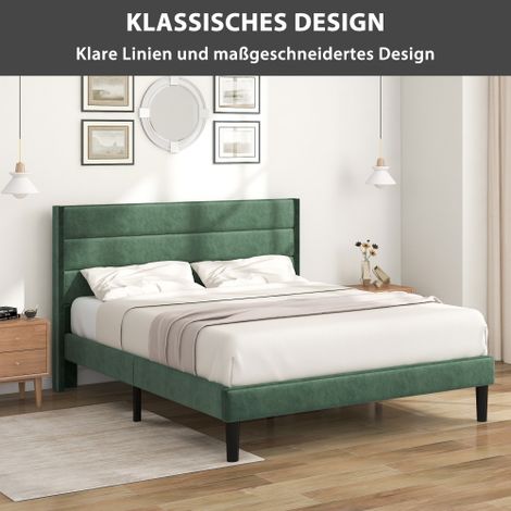 MINKUROW Letto Imbottito 140 X 200 Cm, Giroletto Con Rete A Doghe E Testata, Letto Matrimoniale Imbottito, Rivestimento In Tessuto Velluto Verde Scuro, Design Moderno Senza Tempo, Letto Adolescente (1/5)