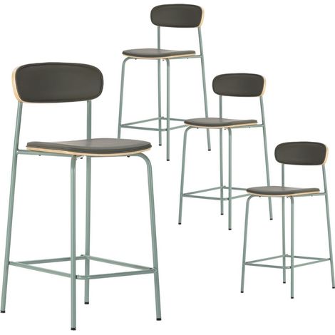 Lot de 4 tabourets de bar structure métal gris bleuté assise et dossier bois et PU vert - LAURA (1/5)