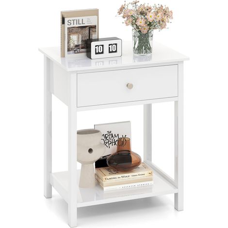COSTWAY Nightstand 2-Tier Bedside Sofa Table w/ Drawer & Storage Shelf-White (1/5)