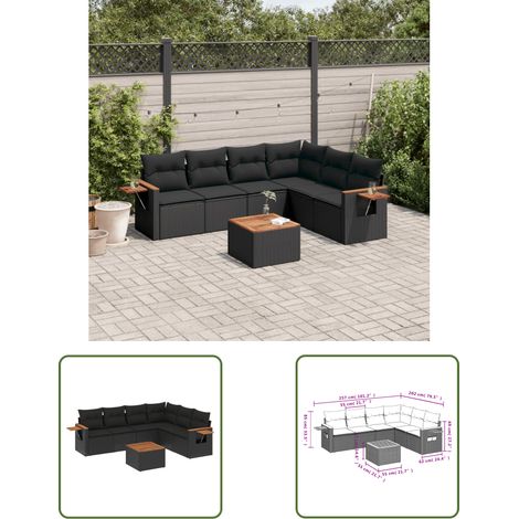 The Living Store Salon de jardin 7 pcs avec coussins noir résine tressée - Salon De Jardin - Meuble Extérieur - Set Salon - Résine Tressée - Rotin Synthétique (1/3)