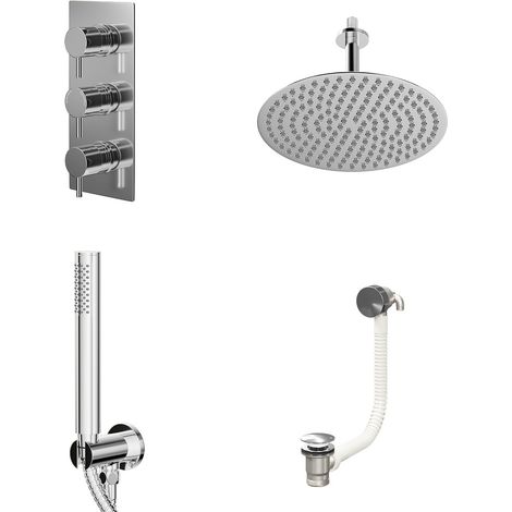 Circo Polished Chrome Concealed Triple Thermostatic Shower Valve with Diverter and 300mm Round Head with 150mm Ceiling Arm and Outlet Holder with Kit and Free-Flow Bath Filler - 3 Outlet (1/5)