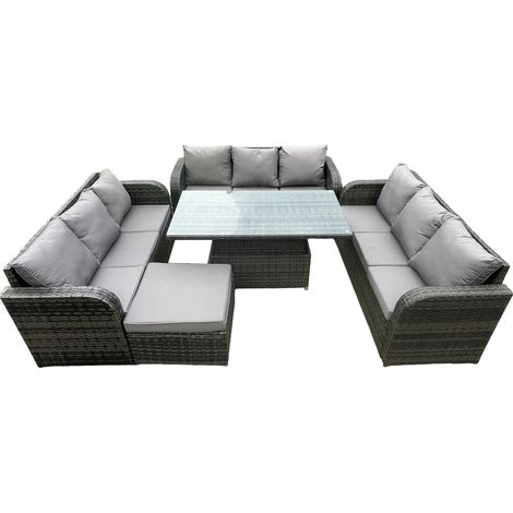 Fimous Cour jardin salle à manger ensemble extérieur meubles en rotin canapé décontracté hauteur réglable table de levage avec grand repose-pieds gris foncé mix (1/5)