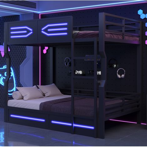 Letto a castello in metallo 140 x 200 cm con LED, scala dritta e sponde alte, nero (1/5)
