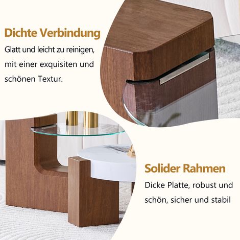 Set de tables basses modulables, bois MDF aspect noyer + verre trempé transparent 6 mm, utilisable comme table de salon ou séparé en deux tables d'appoint polyvalentes. (1/5)