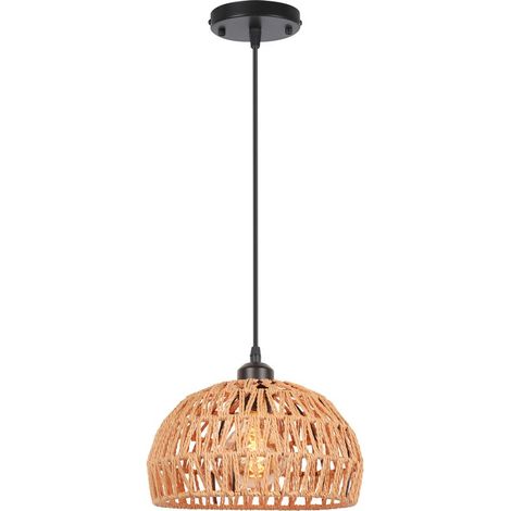 Plafonnier Rétro E27 Suspension Luminaire En Corde De Chanvre Tressée, Abat-Jour Cage Rond En Métal Ø25CM, Lustre D'Intérieur (Noir) (1/5)