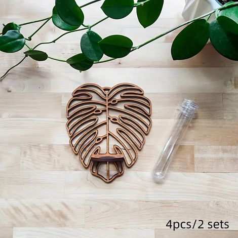 (Support à fleurs - 2 ensembles) 2 ensembles de jardinières murales modernes Monstera en bois sculpté, tube transparent, support pour plantes hydroponiques, gain de place, décoration intérieure (1/5)