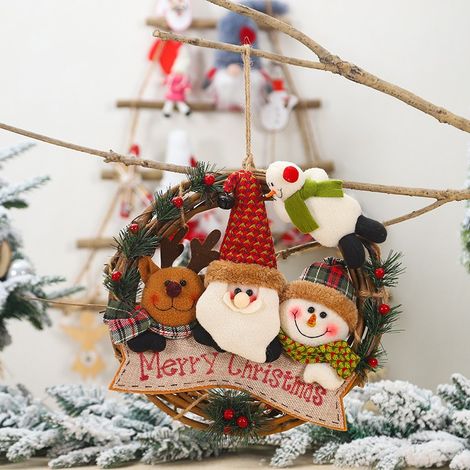 1 pièce décoration de Noël couronne de rotin décoration de Noël pendaison couronne de rotin pendentif pendentif décoration de maison arbre de Noël, décoration de fenêtre bonhomme de neige cerf anneau (1/2)