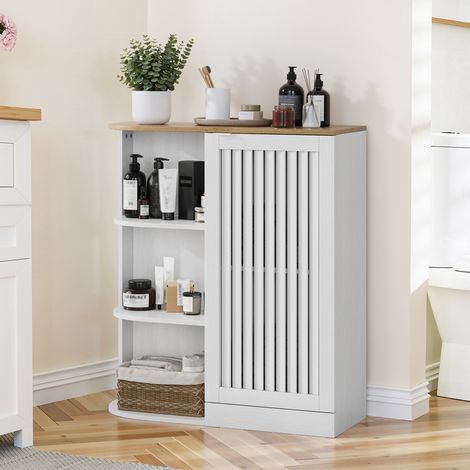 MEUBLIV Armoire d'angle salle de bain blanche et décor chêne 68x25x76 cm, étagères réglables (1/5)