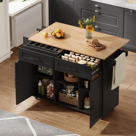 145 x 45 x 94,5 cm, îlot de cuisine mobile multifonctionnel avec plan de travail pliable, étagères réglables, 5 roulettes, tiroir à couverts dissimulé – convient aux cuisines, salles à manger, salons, (1/5)
