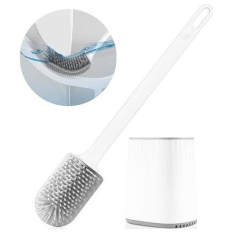 Brosse de Toilette  - Brosse WC en Silicone avec Tête de Brosse Multifonction 3 en 1 - Support à séchage Rapide - Balai Toilette WC Murale pour Salle de Bain - Blanc (1/5)