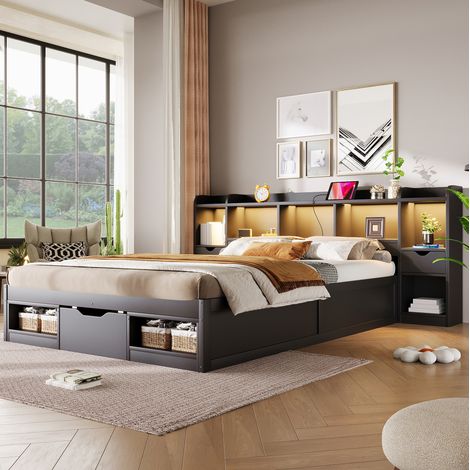 Lit plateforme 140x200 cm noir en MDF et contreplaqué avec rangements et éclairage LED (1/5)
