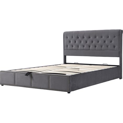 Cama con almacenaje tapizada 160 x 200 cm de terciopelo gris con somier y elevación hidráulica (1/5)