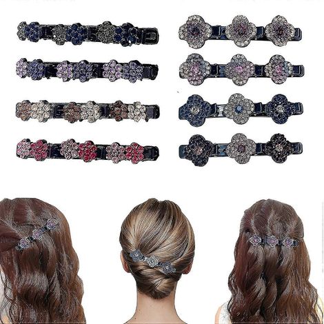 Funkelnde, mit Kristallsteinen besetzte, geflochtene Haarspangen für Damen, rsvelte geflochtene Haarspange mit 3 kleinen Clips, Haarspange mit mehreren Clips, dreifache Haarspange mit Rh-4PCS-Clover a (1/5)