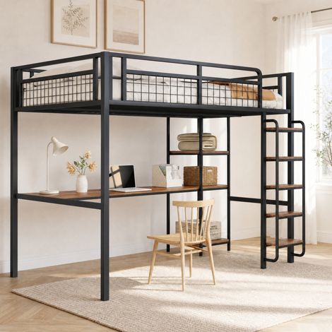 Cama alta 140x200 cm con escritorio y estantes, negra, metal y MDF, sin colchón FloraGrace (1/5)