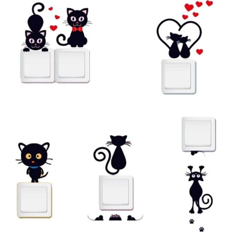 Bardusch-Lot de 5 autocollants chats animés amovibles – interrupteur lumière – animal mignon (1/5)