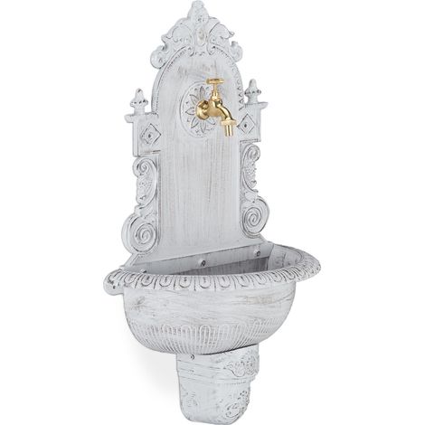 Relaxdays Fuente de pared XL estilo antiguo con grifo, lavabo de jardín, fundición de aluminio, 75x44x22 cm, blanco (1/5)