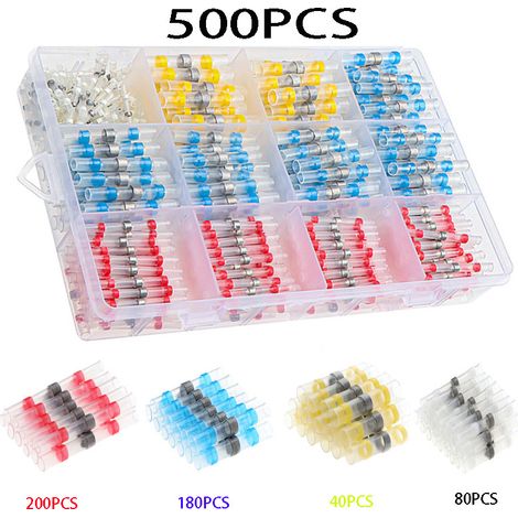 Lot de 500 Connecteurs Électriques Étanches à Sertir avec Gaine Thermorétractable Intégrée – Bagues de Soudure Isolées Sans Pression, Assortiment de Couleurs (Rouge, Bleu, Blanc, Jaune) pour Réparatio (1/2)