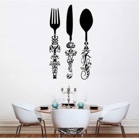 1 Autocollant mural vinyle,couteau fourchette couverts,décoration cuisine noir,96 x 57 cm,mural maison (1/5)
