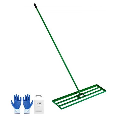 Rastrillo Nivelador de Césped 1215 x 252 mm, Rastrillo de Nivelación de Césped, Mango Largo Ajustable, Aleación de Aluminio, Guantes Incluidos, Herramienta para Jardín Patio Campo de Golf, Verde (1/5)