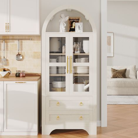 Buffet haut blanc avec portes vitrées, 2 tiroirs, étagères réglables OKMYHOME (1/5)