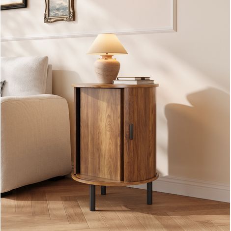 Mueble de almacenaje redondo con puerta corredera, 48 x 48 x 65 cm, nogal, HAVRYA (1/5)