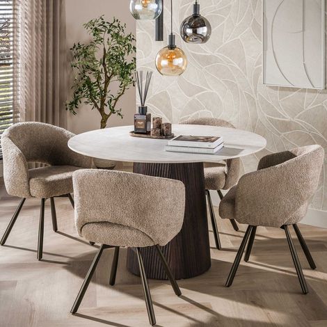 Table repas 120 cm céramique pierre + 4 chaises tissu bouclette sable (1/5)