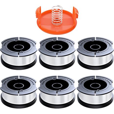 Lot de 6 bobines de fil 1.65mm avec 10m de fil, compatible coupe-bordures Black & Decker. Inclut 6 bobines, 1 couvercle, 1 ressort. (1/5)