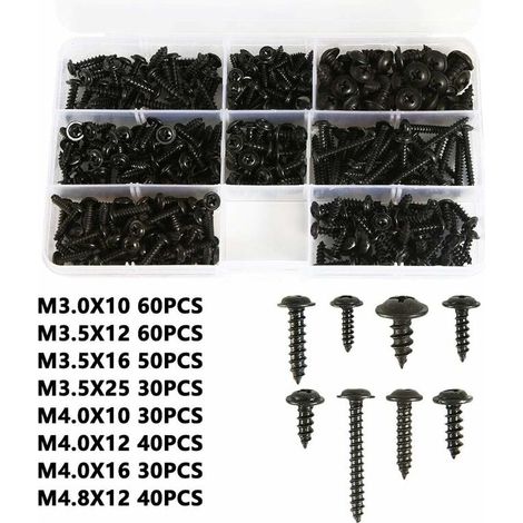 340pcs Vis à tôle noire autoperçante,Vis autotaraudeuse en Acier au Carbone inoxydable Vis à tête plate Kit de Fixation du Bois Cross-Head Taille: M3.0-M4.8 (1/5)