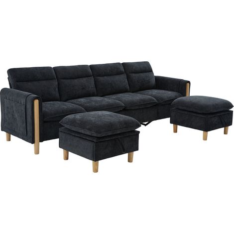 U-Form Sofa modular 4-Sitzer mit Stauraum, Seitentaschen, Chenille Schwarz, 261 x 77 x 86 cm (1/5)