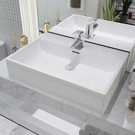 vidaXL Vasque avec trou de robinet en céramique Blanc 60,5x42,5x14,5cm (1/5)