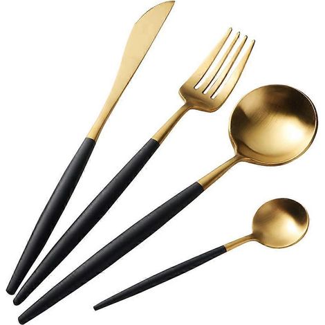 Ensemble de couverts dorés 2024, 4 pièces, en acier inoxydable, avec couteau et fourchette dorés. (1/5)