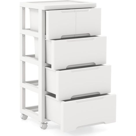 GOPLUS Meuble de Rangement Roulant en Plastique à 4 Tiroirs, Casier de Rangement Mobile avec 4 Roues Universelles, Grand Plateau, Vertical pour Salon, Chambre, Bureau à Domicile, Salle de Bain, Blanc (1/5)