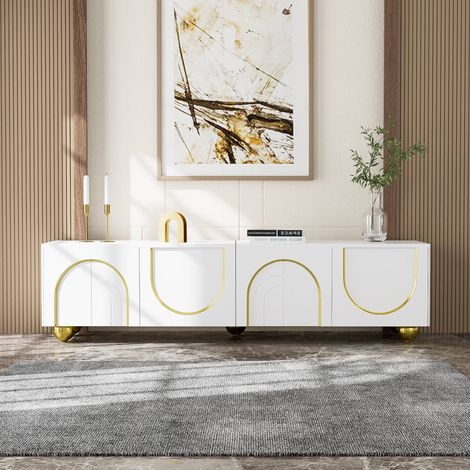 Meuble TV 170 cm, banc TV avec 4 portes push-to-open et motifs arches, pieds boules dorés, blanc (1/5)