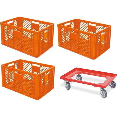 BRB Lot de 3 récipients euros ajourés, qualité alimentaire, 600 x 400 x 320 mm, avec chariot de transport (orange)