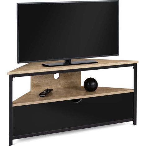 Idmarket – Meuble TV d'angle 100 cm noir – Placard et étagère ouverte – Design industriel en métal et bois – Idéal pour petits espaces
