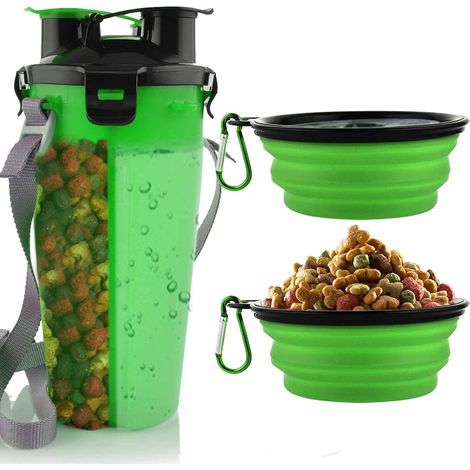 Dog Water Bottle with 2 Collapsible Bowls Portable 2 in 1 Water Bottle and Food for Dogs Cat Pets, Travel Bottle for Walking, Exercising, Hiking, Camping (Green) (1/5)