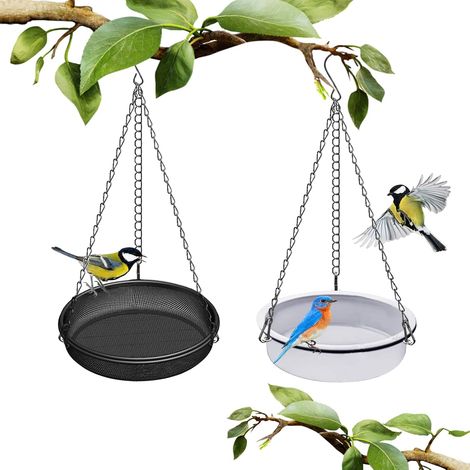 Comedero y bebedero colgante para pájaros de jardín, comederos colgantes para pájaros pequeños, estación de comederos metálicos para pájaros de exterior, acero y hierro resistentes, cuenco de plástico (1/5)
