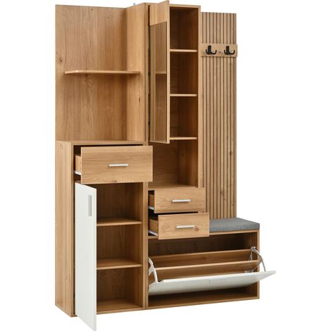 Multifunktionale Garderobe für den Flur mit Schuhschrank, Spiegel, Bank und LED (1/5)