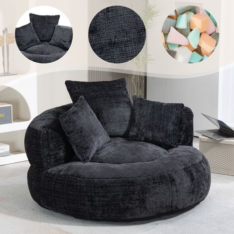 Divano relax 108x108x52 cm e sofa lazy in tessuto ciniglia - Seduta gaming con schienale alto e 3 cuscini - Schiuma - Nero