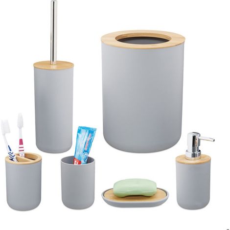 Relaxdays accessoires salle de bain, lot de 6, en plastique et en bambou, ensemble complet, gris