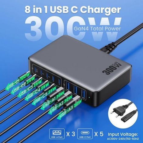 300W Chargeur USB C avec 8 Ports GaN Ⅳ Tech, 100W Chargeur Rapide PD QC PPS Prise USB C Multiple Station de Charge, Gris (1/5)