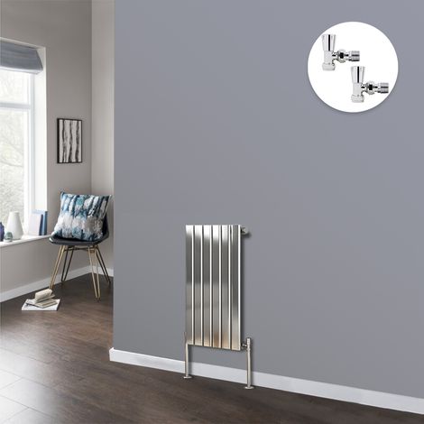 Chrome Flat Panel Radiator Bathroom Central Heating Radiators with Angled Manual Pair of Valves 600 x 408mm Horizontal Single (1/3)