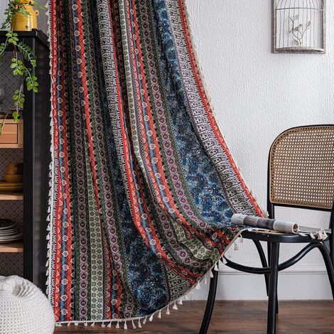 Halbverdunkelnde Boho-Vorhänge, bunte Streifen mit Quasten als dekorative Fensterdekoration, zweiteilige Vorhänge mit Stangentaschen für das Wohnzimmer (1/5)