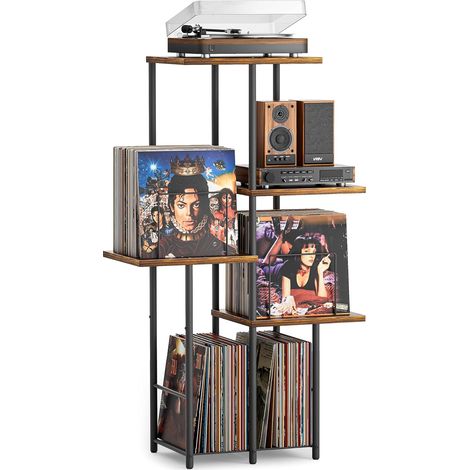 Meuble pour Platine Vinyle avec Rangement, Étagère d’Affichage pour Disques, Support Table pour Platine avec Organisateur de Vinyles, Meuble Vintage en Bois Style Mid-Century, Console Haute (1/5)