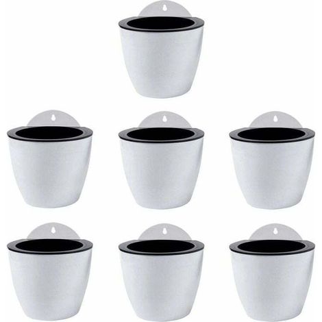 Juego de 7 macetas colgantes autorriego para decoración de pared, para interior y exterior, de plástico blanco. (1/4)